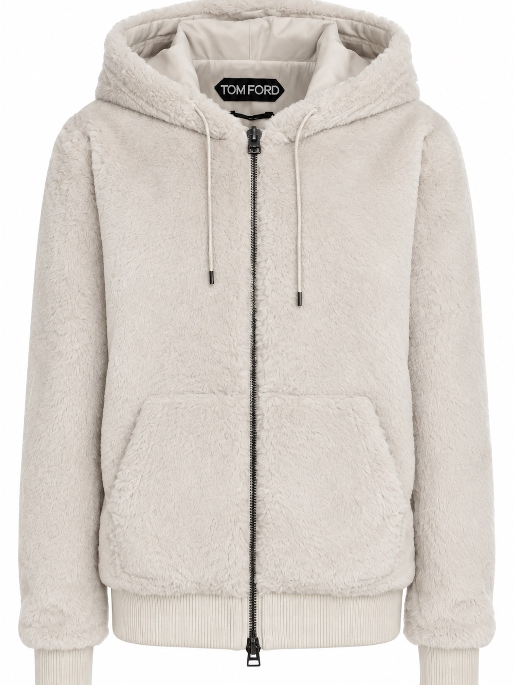 Tom Ford Beige Faux Shearling Fur Hooded Bomber Jacket With Leather Trim